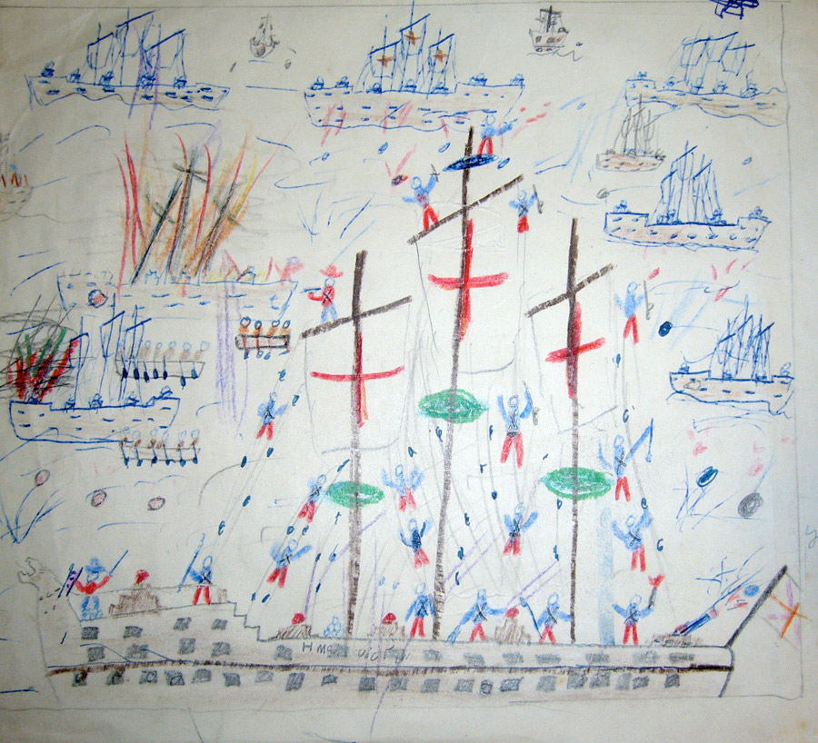 HMS Victory , Crayon on paper , 1957c, 21x 30 cm collection the artist